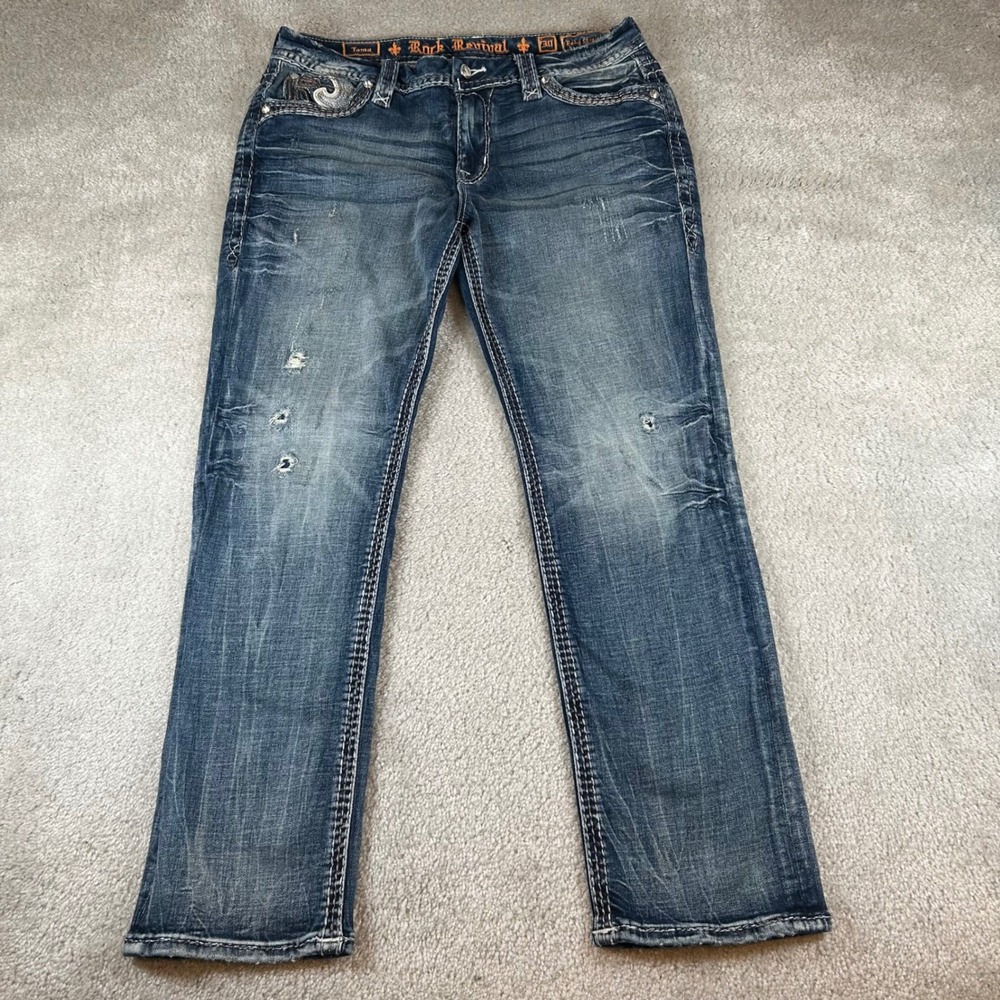Rock Revival Tama Easy Straight Women 30 Blue Embroidered Sequin Distressed Jean
